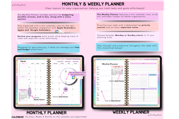 Monthly and Weekly Planner layouts with habit trackers and priority sections